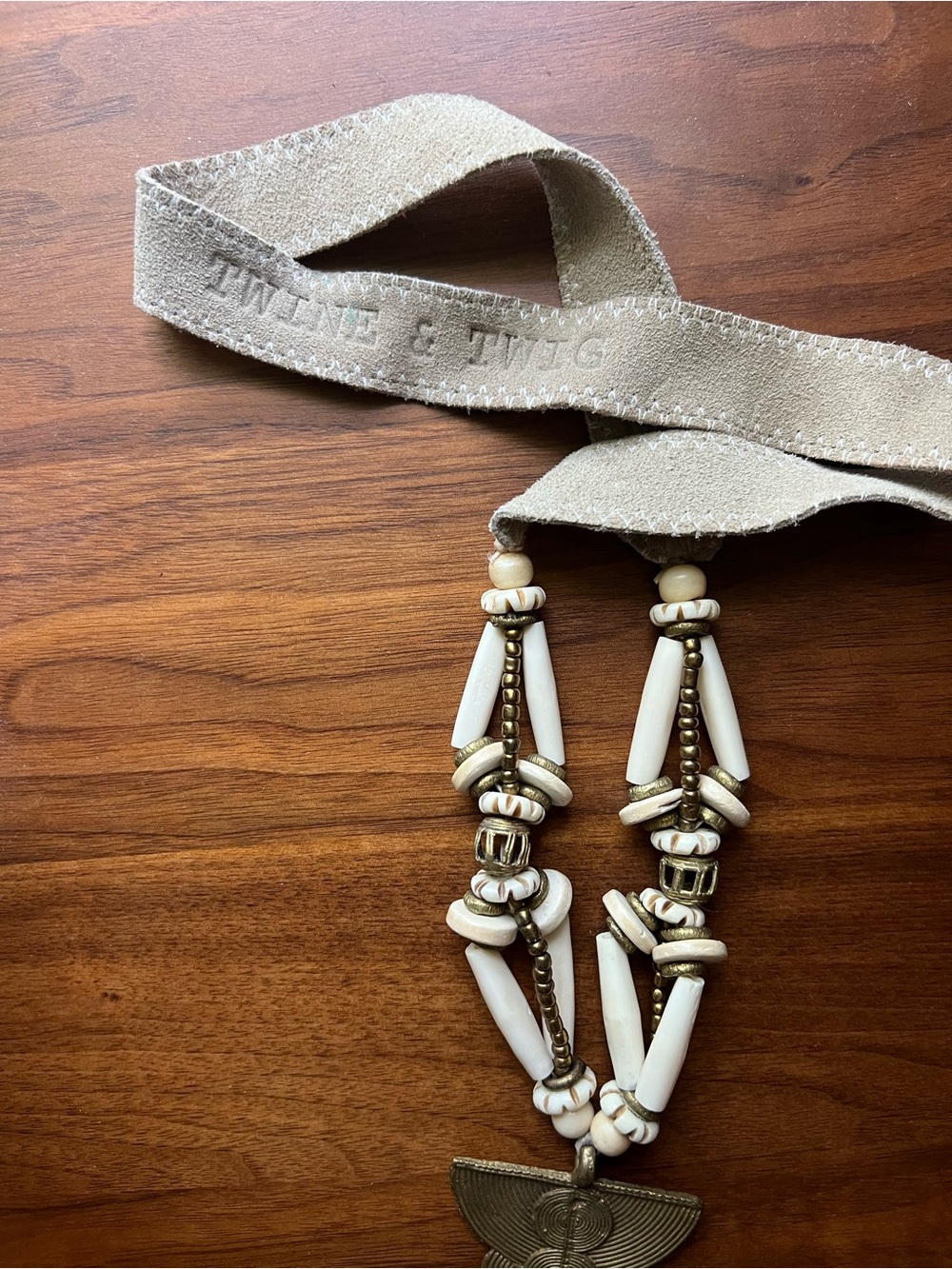 Handcrafted Beige Suede Beaded Statement Pendant Necklace by Twine and Twig